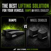 Graphic depicting a comparison of a set of drive-up MaxRamps and set of MaxRamps wheel cradles.