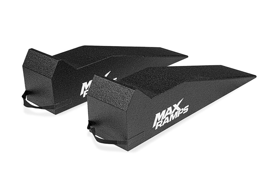 Two black MAX RAMPS ramps are shown on a clean white background, angled diagonally to display their textured surfaces and carrying handles