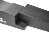 Close-up of the interlocking design of a black textured two-piece ramp with a white MaxRamps logo on a white background.