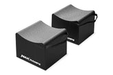 Two black Wheel Cradles with white MaxRamps logo on the side on a white background.