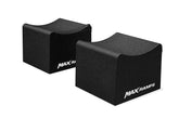 Two black Wheel Cradles with white MaxRamps logo on the side on a white background.