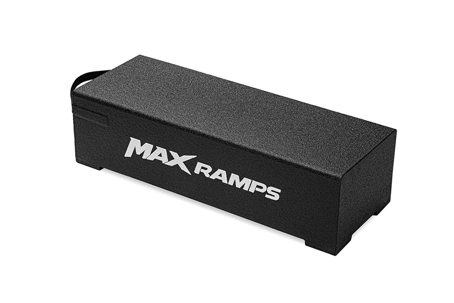 A black rectangular MAXRAMPS step platform with a textured finish and white logo text, shown on a plain white background.