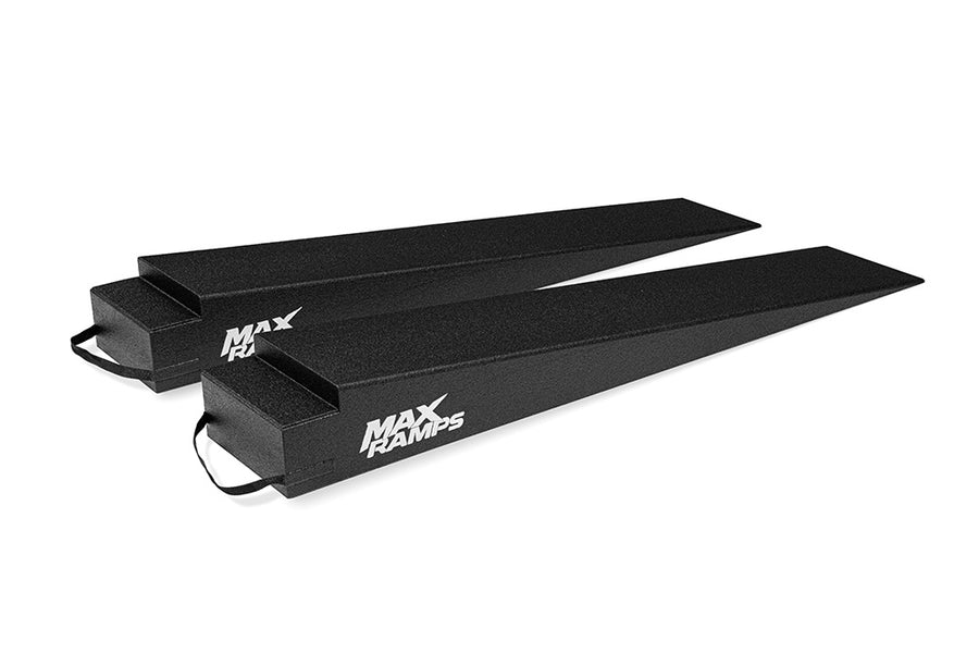 A pair of 8-inch tall extra long trailer ramps on a white background
